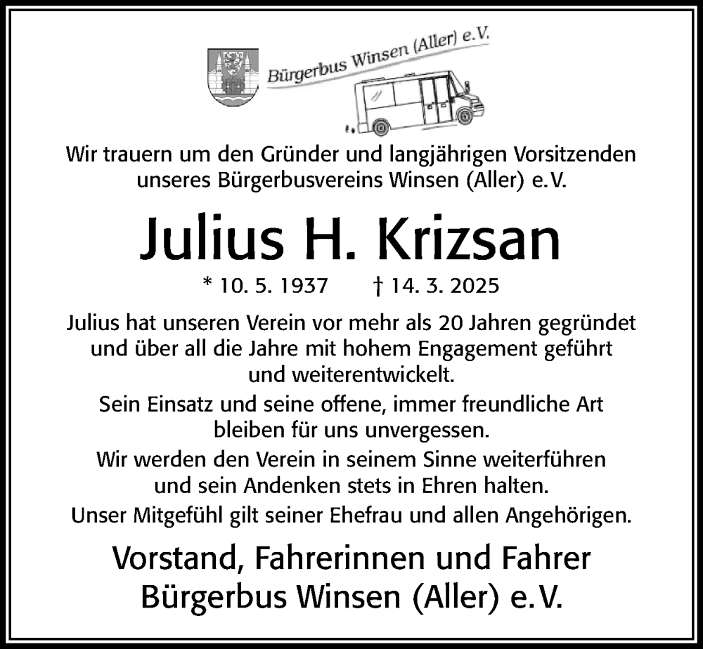  Traueranzeige für Julius H. Krizsan vom 25.03.2025 aus Cellesche Zeitung