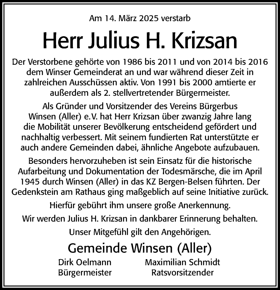  Traueranzeige für Julius H. Krizsan vom 22.03.2025 aus Cellesche Zeitung