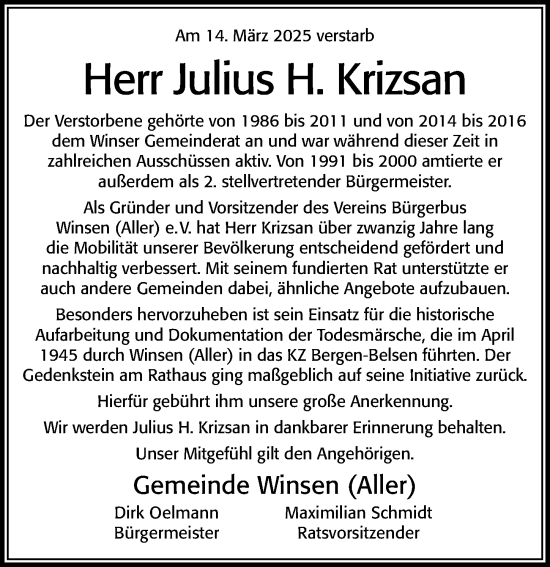 Traueranzeige von Julius H. Krizsan von Cellesche Zeitung
