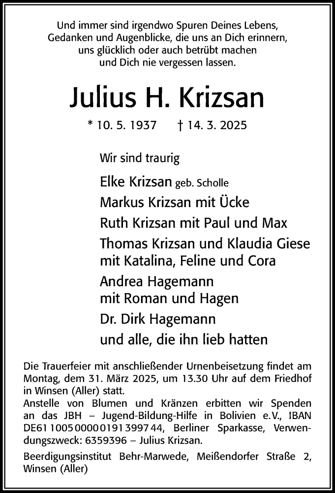  Traueranzeige für Julius H. Krizsan vom 22.03.2025 aus Cellesche Zeitung