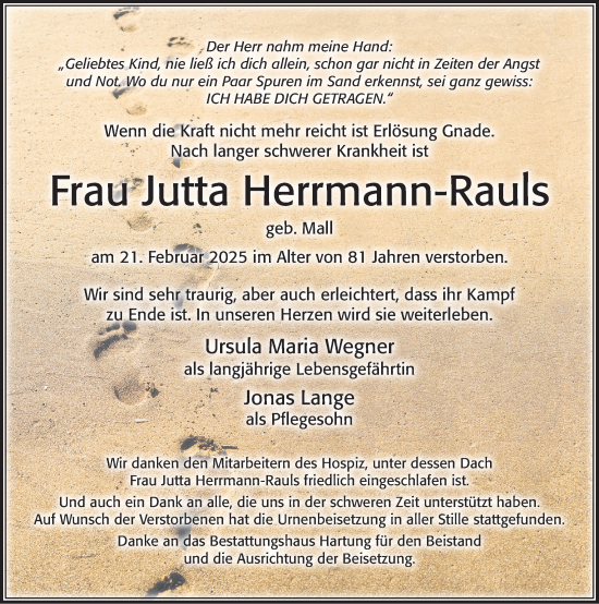 Traueranzeige von Jutta Herrmann-Rauls von Cellesche Zeitung