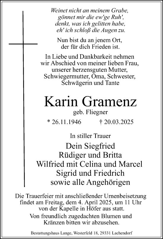 Traueranzeige von Karin Gramenz von Cellesche Zeitung
