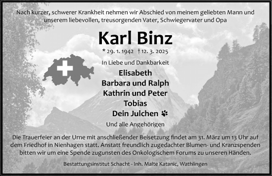 Traueranzeige von Karl Binz von Cellesche Zeitung