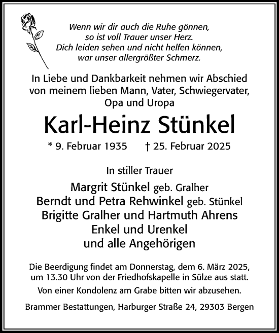 Traueranzeige von Karl-Heinz Stünkel von Cellesche Zeitung
