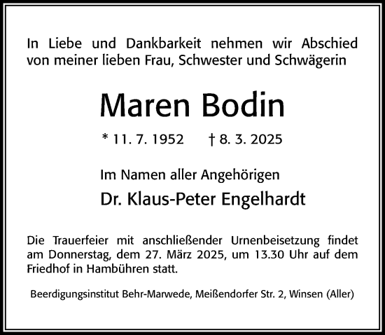 Traueranzeige von Maren Bodin von Cellesche Zeitung