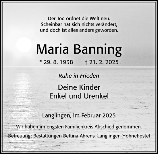 Traueranzeige von Maria Banning von Cellesche Zeitung