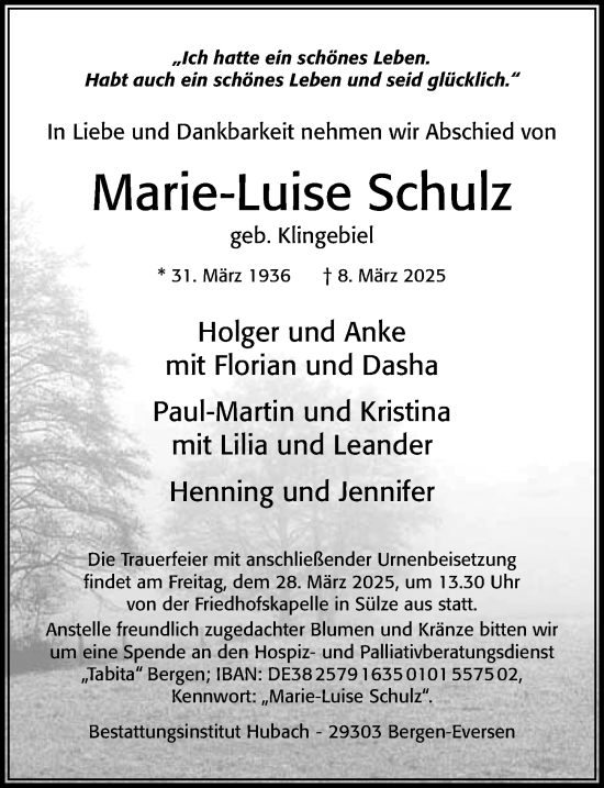Traueranzeige von Marie-Luise Schulz von Cellesche Zeitung