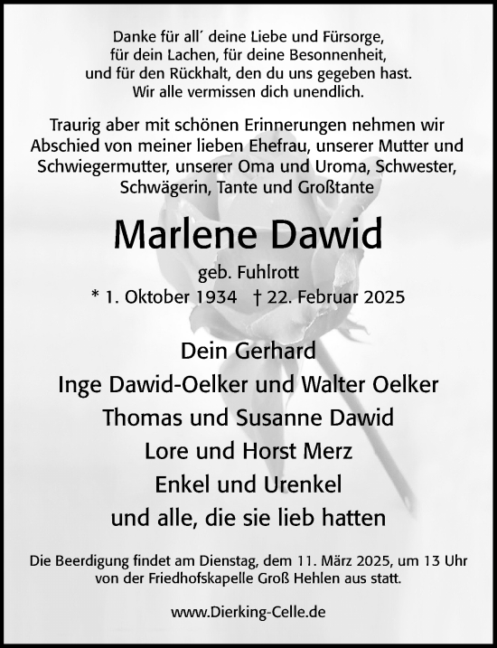 Traueranzeige von Marlene Dawid von Cellesche Zeitung