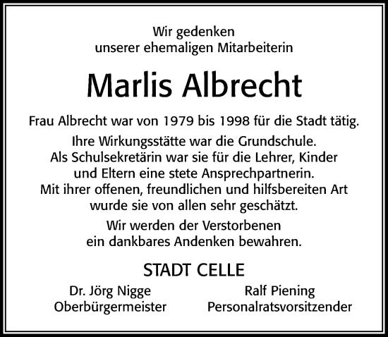 Traueranzeige von Marlis Albrecht von Cellesche Zeitung
