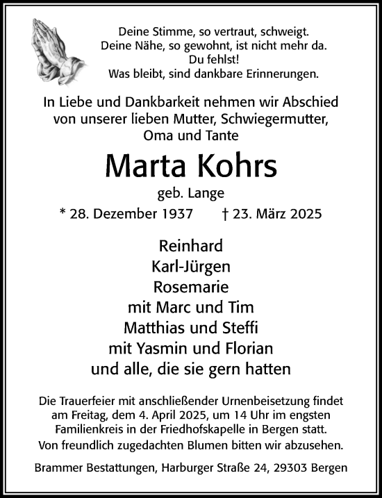 Traueranzeige von Marta Kohrs von Cellesche Zeitung