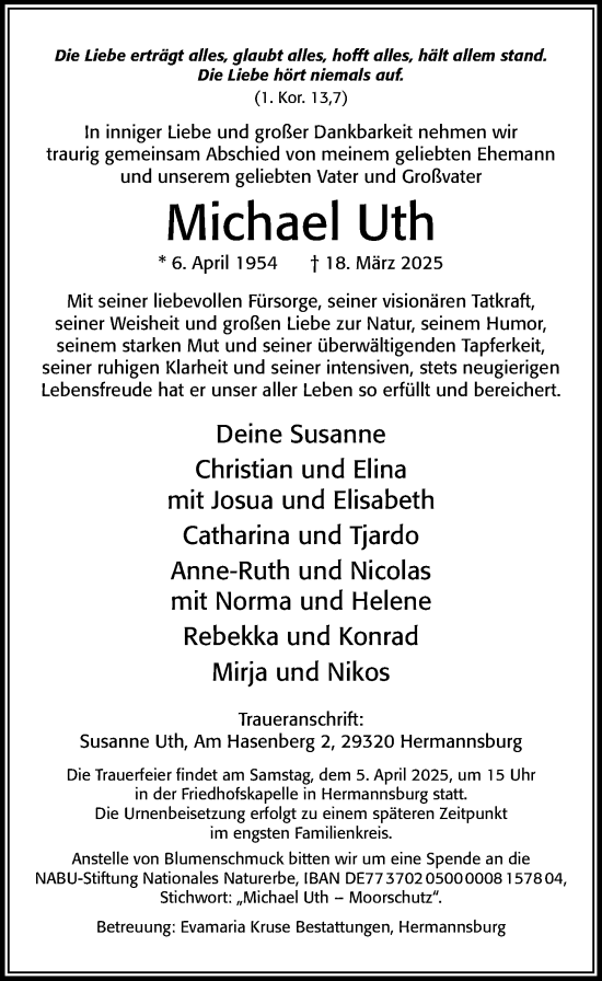 Traueranzeige von Michael Uth von Cellesche Zeitung