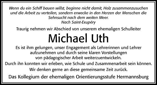 Traueranzeige von Michael Uth von Cellesche Zeitung