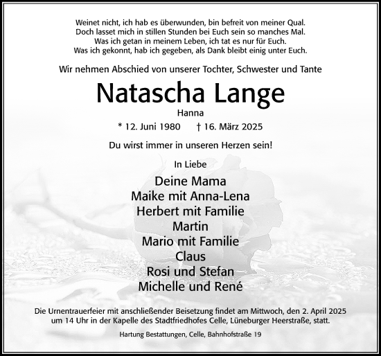 Traueranzeige von Natascha Lange von Cellesche Zeitung