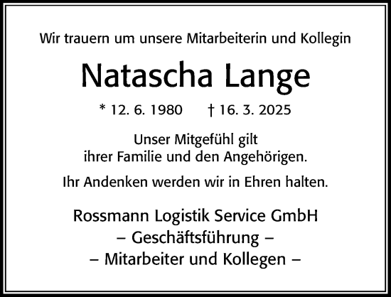 Traueranzeige von Natascha Lange von Cellesche Zeitung