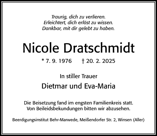 Traueranzeige von Nicole Dratschmidt von Cellesche Zeitung