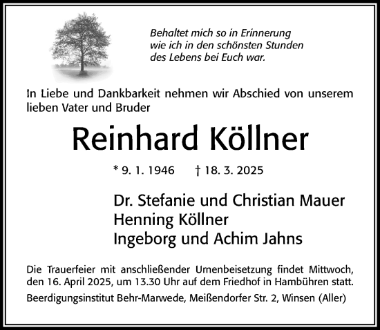 Traueranzeige von Reinhard Köllner von Cellesche Zeitung
