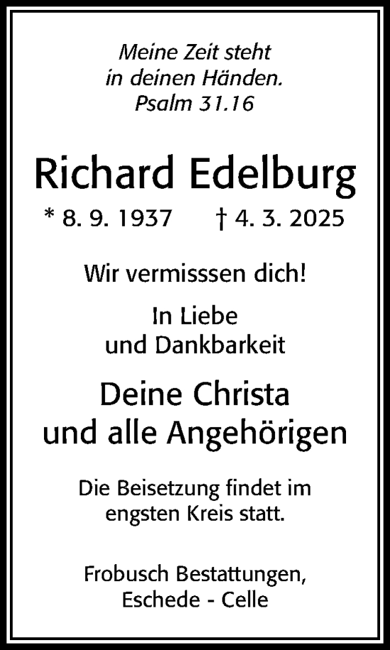 Traueranzeige von Richard Edelburg von Cellesche Zeitung