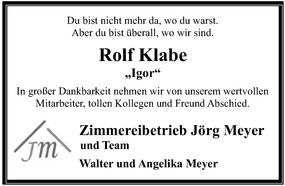  Traueranzeige für Rolf Klabe vom 08.03.2025 aus Cellesche Zeitung