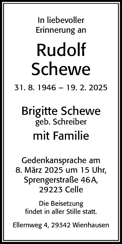 Traueranzeige von Rudolf Schewe von Cellesche Zeitung