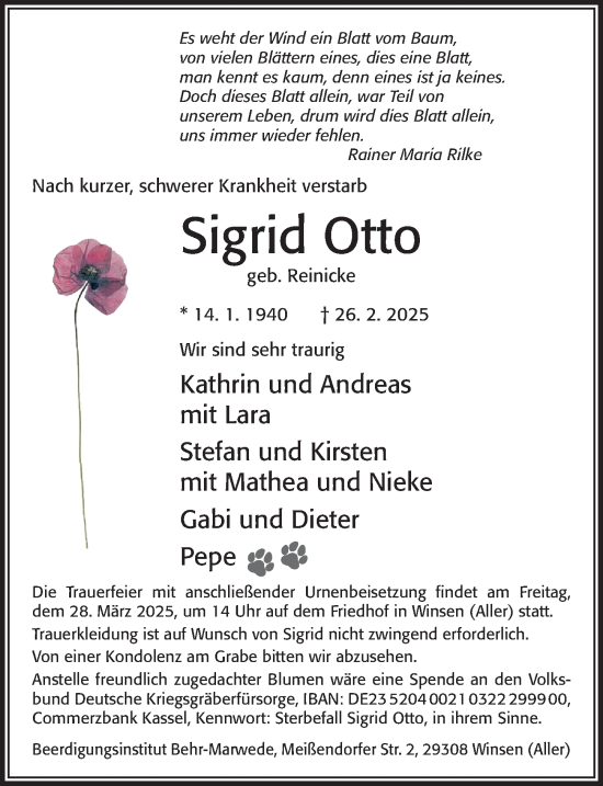 Traueranzeige von Sigrid Otto von Cellesche Zeitung