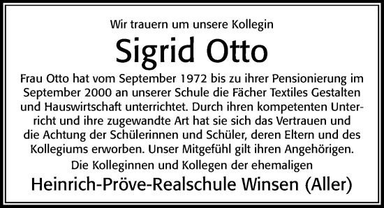 Traueranzeige von Sigrid Otto von Cellesche Zeitung