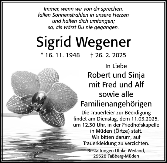 Traueranzeige von Sigrid Wegener von Cellesche Zeitung