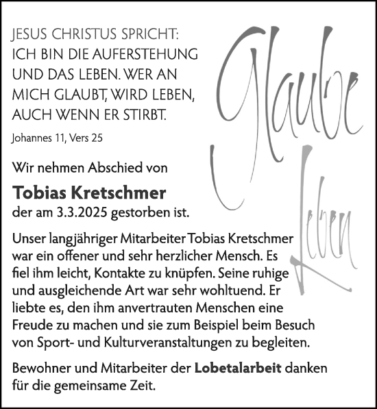 Traueranzeige von Tobias Kretschmer von Cellesche Zeitung
