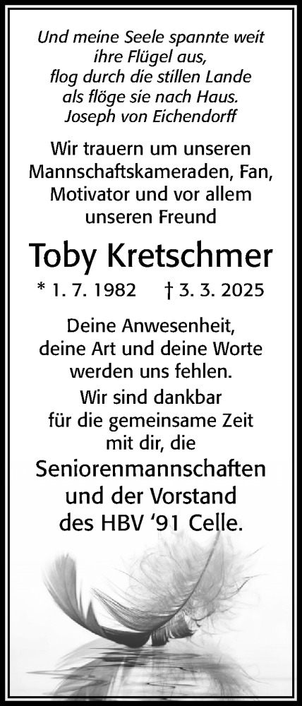 Traueranzeige von Toby Kretschmer von Cellesche Zeitung