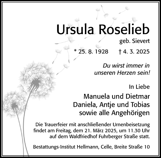 Traueranzeige von Ursula Roselieb von Cellesche Zeitung