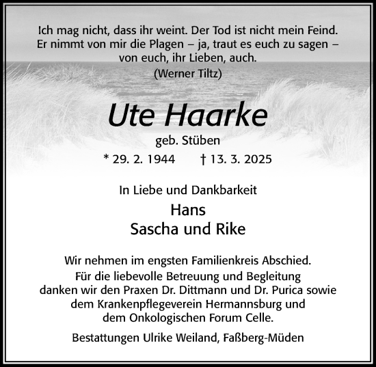 Traueranzeige von Ute Haarke von Cellesche Zeitung