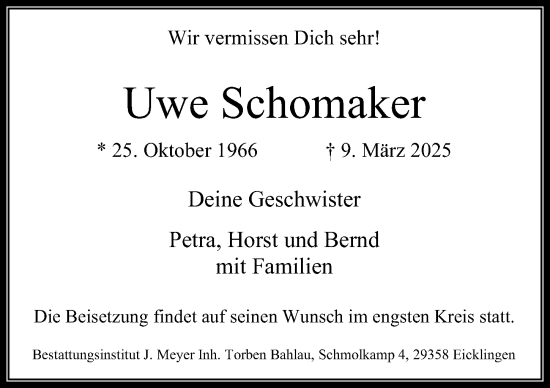 Traueranzeige von Uwe Schomaker von Cellesche Zeitung