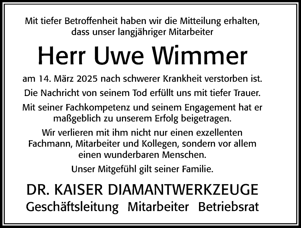  Traueranzeige für Uwe Wimmer vom 29.03.2025 aus Cellesche Zeitung