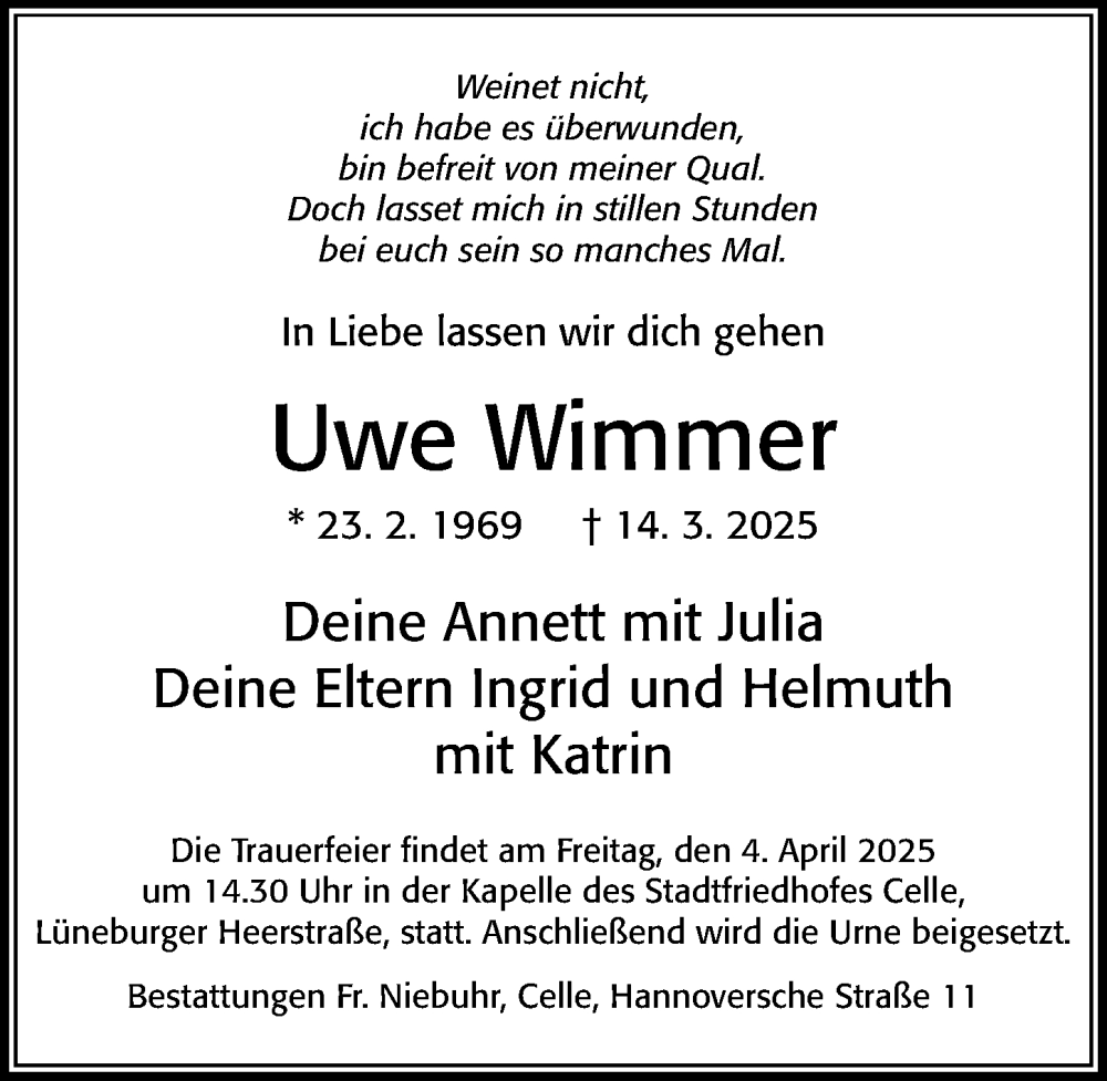  Traueranzeige für Uwe Wimmer vom 29.03.2025 aus Cellesche Zeitung