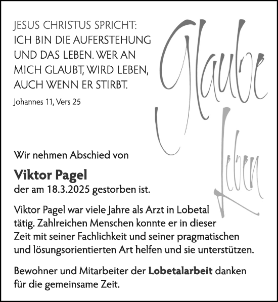 Traueranzeige von Viktor Pagel von Cellesche Zeitung