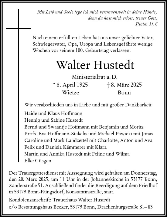 Traueranzeige von Walter Hustedt von Cellesche Zeitung