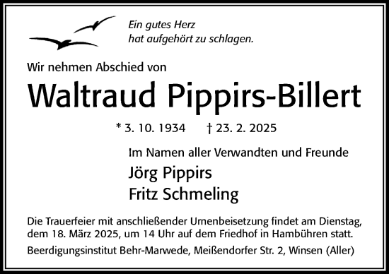 Traueranzeige von Waltraud Pippirs-Billert von Cellesche Zeitung