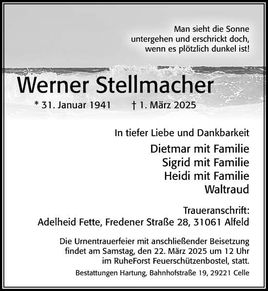 Traueranzeige von Werner Stellmacher von Cellesche Zeitung