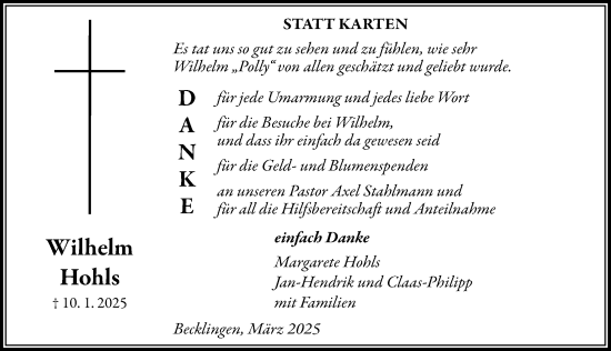 Traueranzeige von Wilhelm Hohls von Cellesche Zeitung