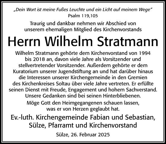 Traueranzeige von Wilhelm Stratmann von Cellesche Zeitung