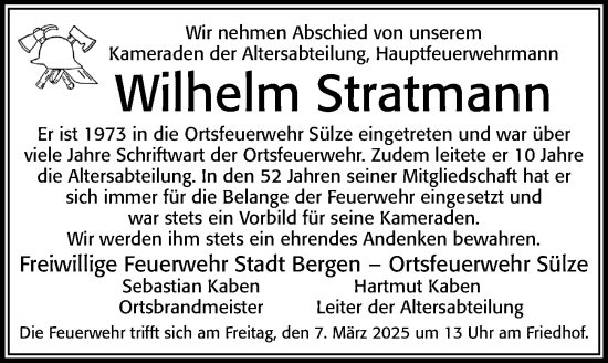 Traueranzeige von Wilhelm Stratmann von Cellesche Zeitung