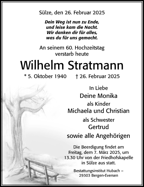 Traueranzeige von Wilhelm Stratmann von Cellesche Zeitung