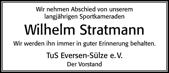 Traueranzeige von Wilhelm Stratmann von Cellesche Zeitung
