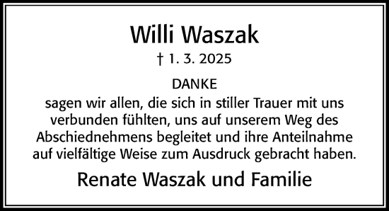 Traueranzeige von Willi Waszak von Cellesche Zeitung