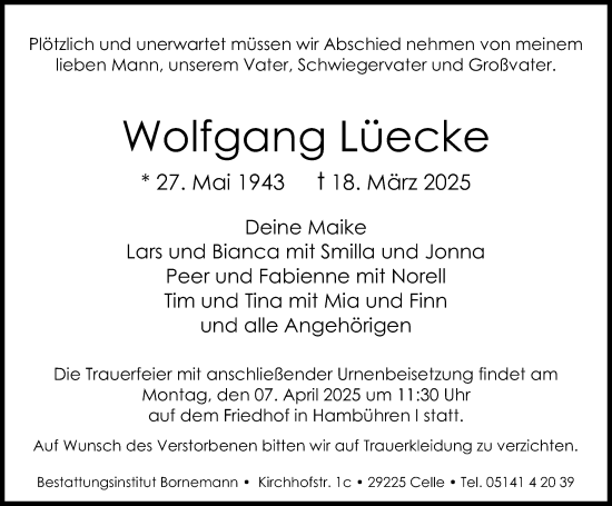 Traueranzeige von Wolfgang Lüecke von Cellesche Zeitung