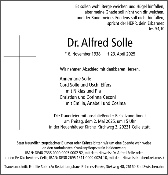 Traueranzeige von Alfred Solle von Cellesche Zeitung