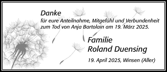 Traueranzeige von Anja Bartolain von Cellesche Zeitung