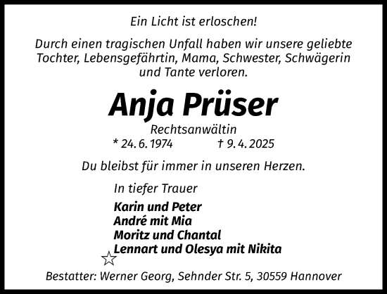 Traueranzeige von Anja Prüser von Cellesche Zeitung
