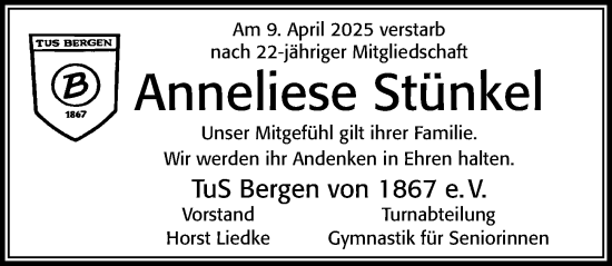 Traueranzeige von Anneliese Stünkel von Cellesche Zeitung