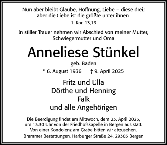 Traueranzeige von Anneliese Stünkel von Cellesche Zeitung