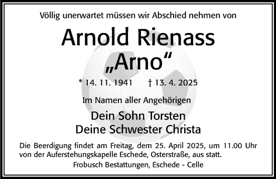 Traueranzeige von Arnold Rienass von Cellesche Zeitung
